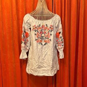 Free People White Blouse with Orange Floral Embroidery